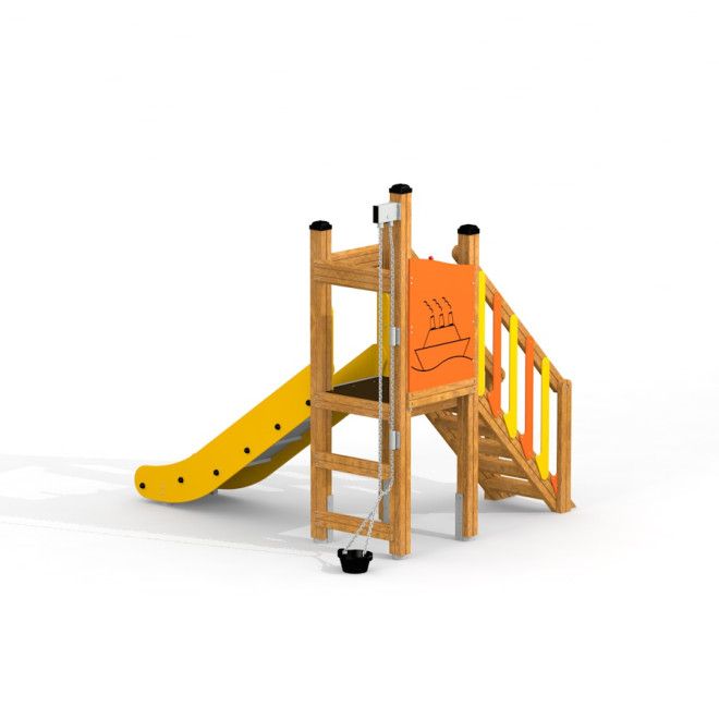 Spielturm Marlin Kinderspielplatz aus Holz mit gelber Rutsche und Kletterleiter