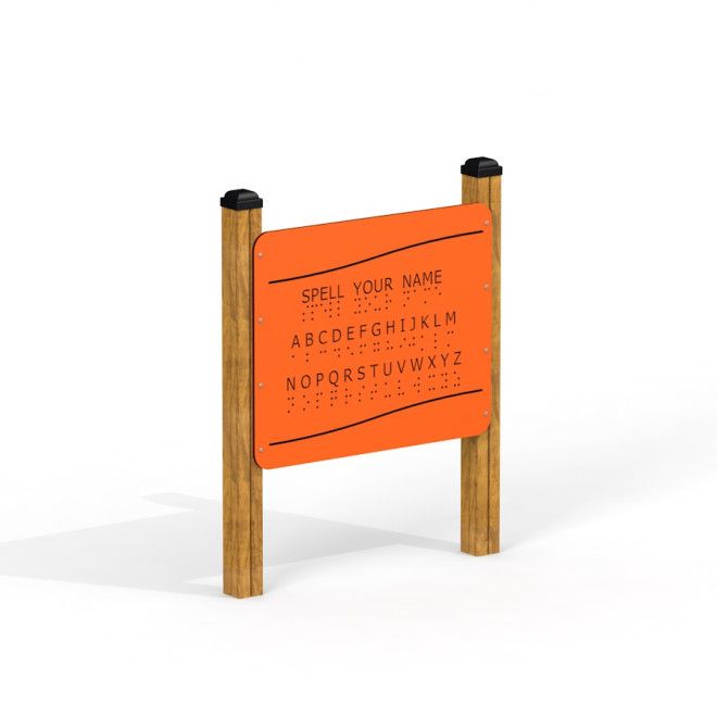 Spieltafel Braille-Alphabet mit Holzpfosten und taktilem Alphabet zum Buchstabieren vom Name.
