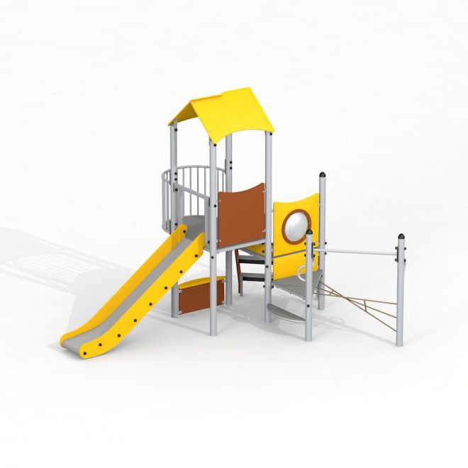 Observatorium mit Rutsche, gelb-braune Spielplatzkletterstruktur mit Rutsche und Kletterelementen.