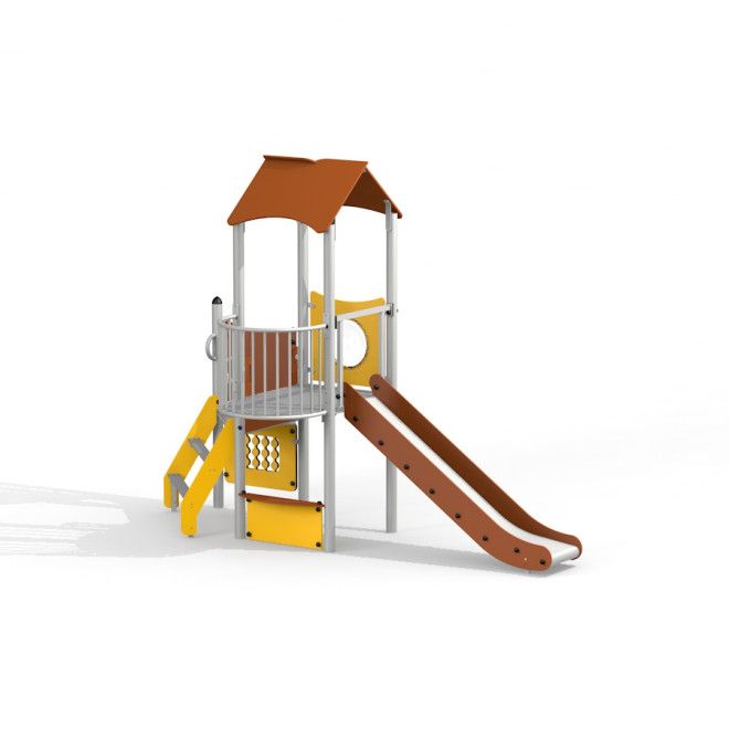 Aussichtspunkt mit Rutsche Spielgerät mit Dach und gelber Treppe für Spielplatz