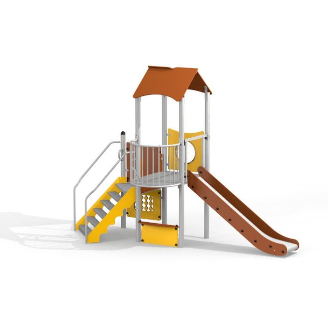 Aussichtspunkt mit Rutsche II Kinderspielplatz mit gelben Treppen, brauner Rutschbahn und Überdachun