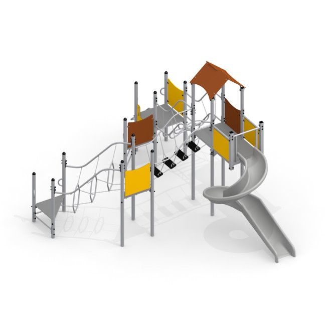 Basisstation mit Rutsche mit Kletterelementen und Brücke, Spielplatzgerät aus Metall und Kunststoff.