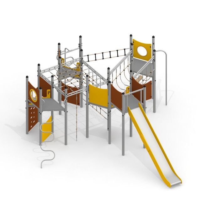 Versteck mit Rutsche Spielplatzgerät mit Kletterelementen und gelber Rutsche aus Metall und Kunststo