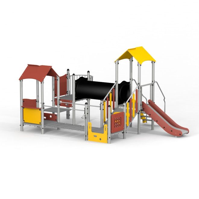 Spielplatzgerät Festung mit Rutsche II mit gelbem Dach und roter Folie.