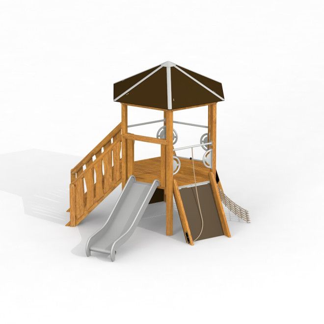 Sechseck mit Treppe und Rutsche Holzspielhaus mit Kletterwand und Netz auf Spielplatz
