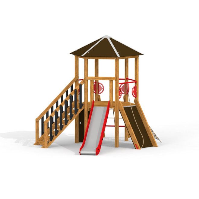 Sechseckiges Holzspielhaus mit Treppe und Rutsche H120 für Kinderspielplatz