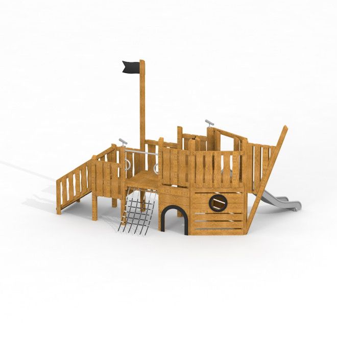Spielschiff Uvala II Holzspielgerät mit Rutsche, Kletternetz und Flagge für Spielplätze.