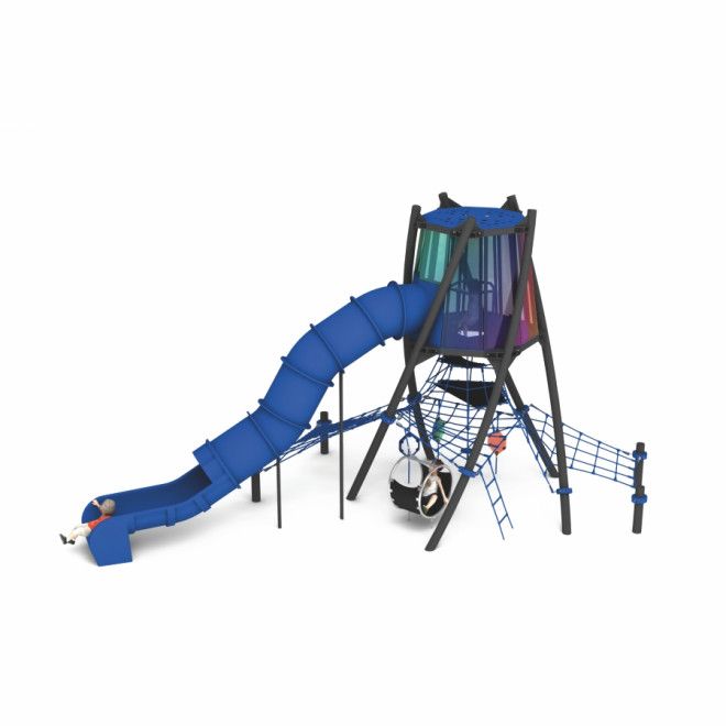 Harmattan Spielplatzgerät mit blauem Tunnelrutsche und Kletternetz