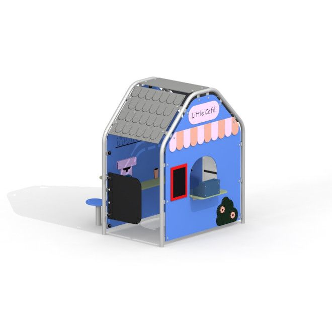 Kaffeehaus Spielhaus mit blauem Design und kleinem Tisch für Kinderspielplatz.
