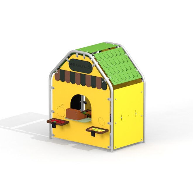 Gemüseladen Spielhaus mit gelber Fassade und grünem Dach für den Spielplatz.