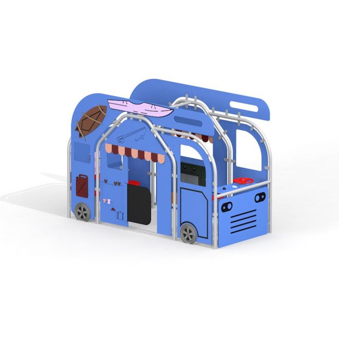 Blaues Wohnmobil-Spielgerät mit integriertem Kletterrahmen und Spielflächen für Kinder.