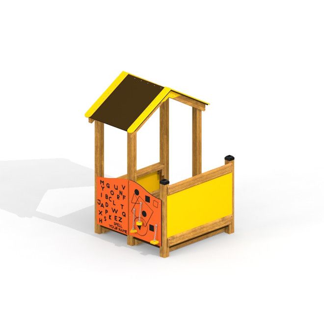 Bravo II Spielhaus mit gelbem Dach und interaktiver Spielwand aus Holz.