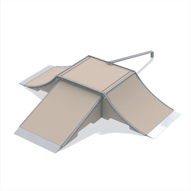 Fun Box type A Spielplatz-Element mit Rampen und rutschfesten Flächen aus Metall und Holz.