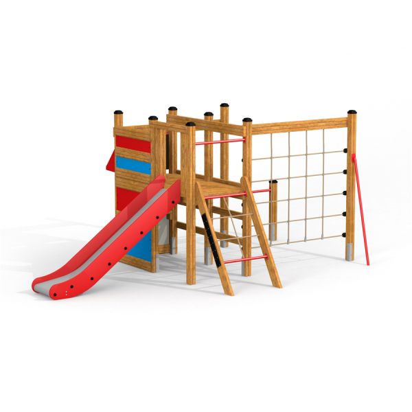 Kramladen Klettergerüst mit Rutsche aus Holz mit roter Folie und Kletterseil für Spielplatz