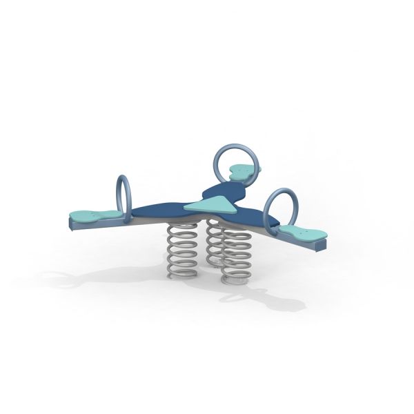 Quark Federwippe Spielgerät mit blauen Sitzen und Metallfedern für Spielplätze.