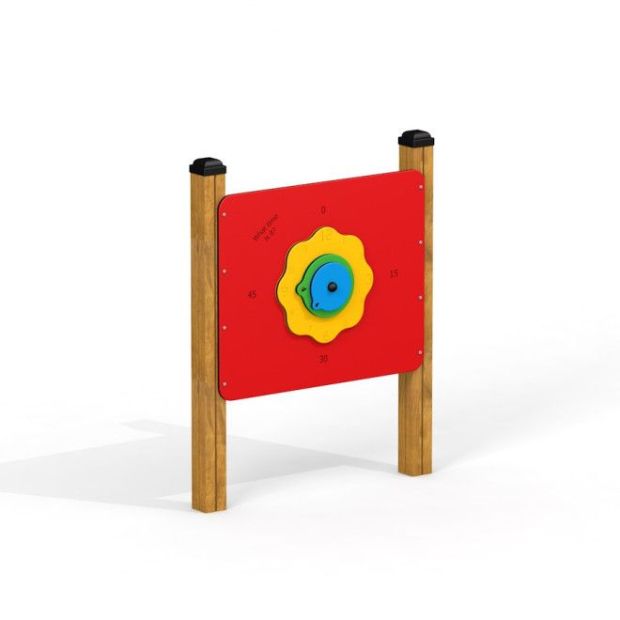 Uhr Spieltafel mit buntem Ziffernblatt und drehbaren Zeigern, montiert auf Holzpfosten.