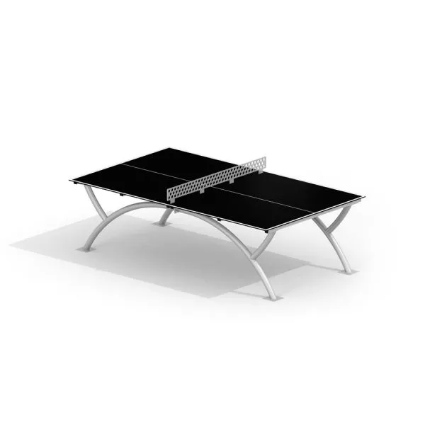 Tischtennisplatte mit schwarzer Spielfläche und stabilem Metallgestell für den Aussenbereich